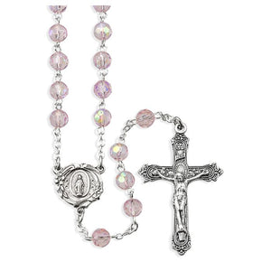 6mm Rose Crystal Aurora Borealis Bead Rosary with a Deluxe Center and Crucifix