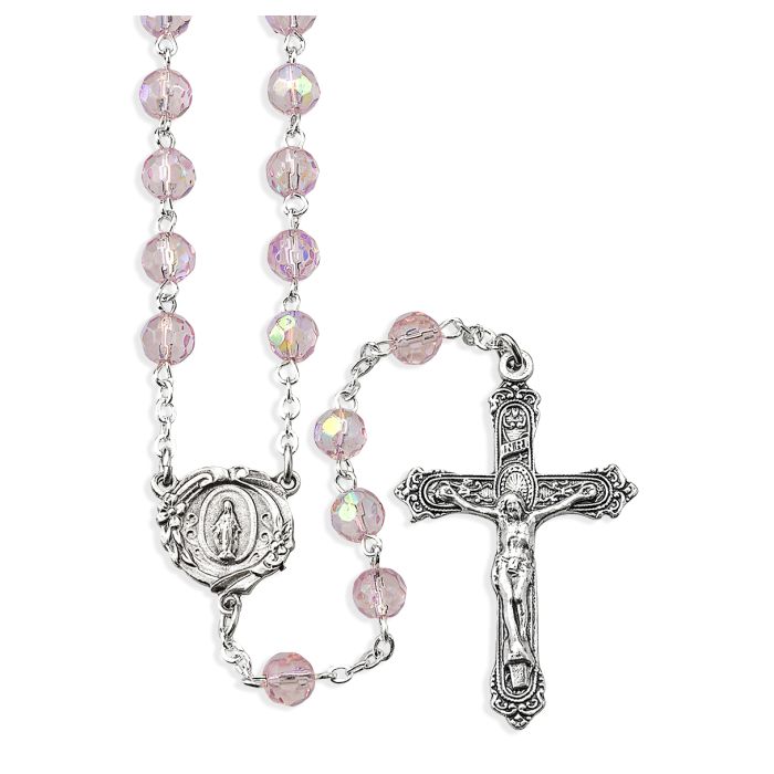 6mm Rose Crystal Aurora Borealis Bead Rosary with a Deluxe Center and Crucifix