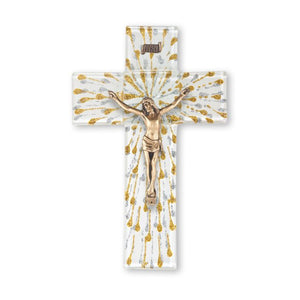 10" Gold & Silver On White Glass Cross With Gold Corpus