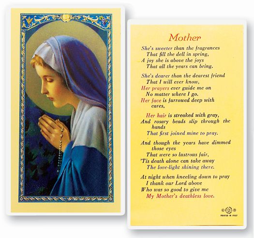 Mother -Madonna Praying the Rosary Laminated Holy Card