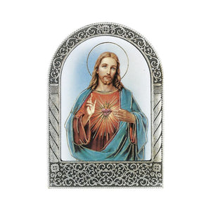2 3/4" X 2" Antique Silver Metal Arched Easel with Gold Embossed Sacred Heart of Jesus Print