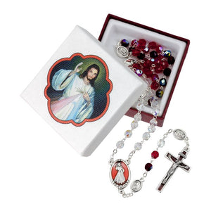 Tri Color Crystal Glass Bead Divine Mercy Rosary, Boxed