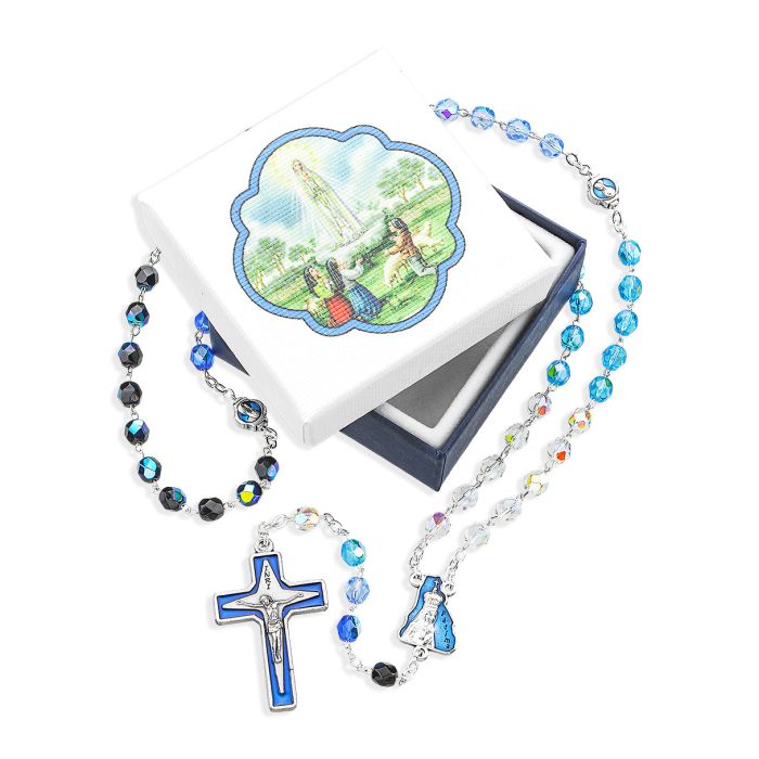 Tri Color Crystal Glass Bead Our Lady of Fatima Rosary, Boxed