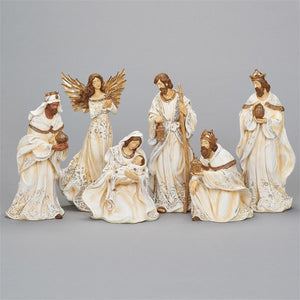 12"H, 6 Piece Nativity Set, Cream Gown w/ Gold Rope Trim