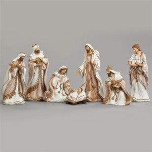 8.5"H, 7 Piece Nativity Set, Woven Gold Trim Fabric Look