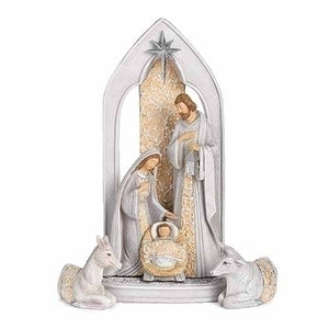 11"H 3PC ST Holy Family Under Arch w/Animals; Ivory & Grey