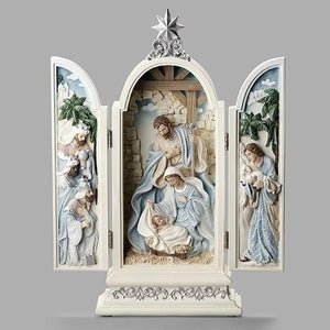 12"H Triptych Nativity Blue Leaf Pattern