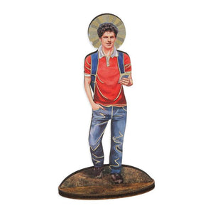 6" Saint Carlo Acutis Gold Foil Laser Cut Wood Staue with Biography