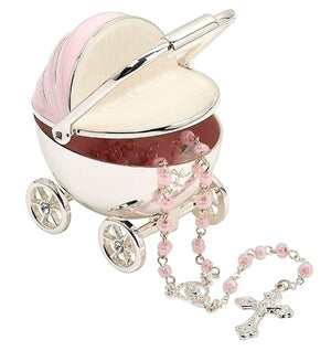 PINK CARRIAGE KEEPSAKE BOX AND ROSARY