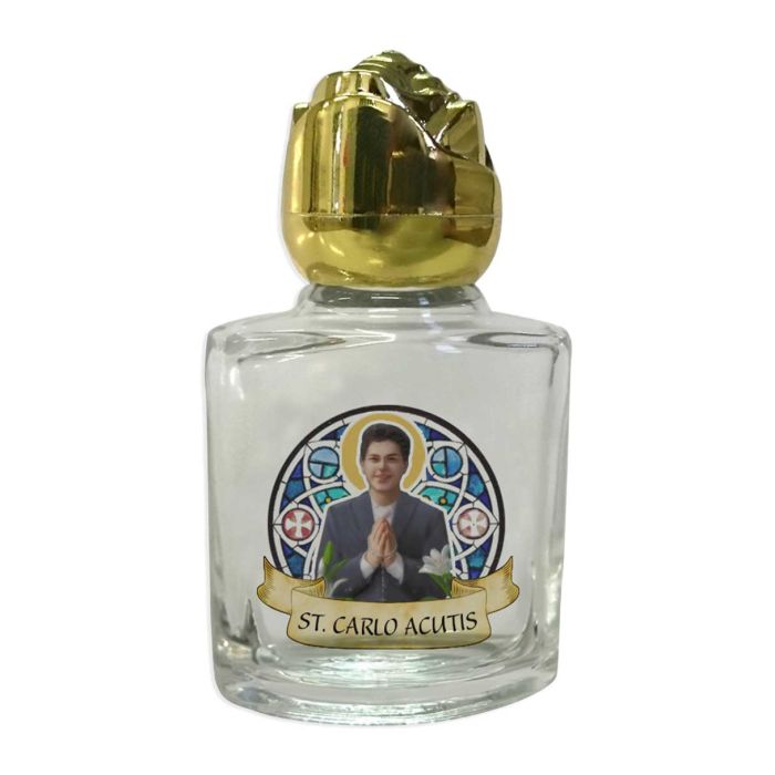 8 ml. 2" Glass St. Carlo Acutis Holy Water Bottle with Gold Rose Cap