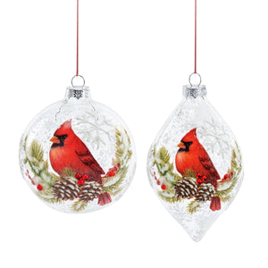 Red Cardinal on Pinecone Branch Snowy Glass Ornaments - 2 Assorted