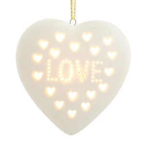White LED Ceramic Love Heart Figure Ornament - 3in