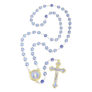 Light Blue Pearl Bead Rosary with Gold Rimmed Silver Ox Miraculous Medal Centerpiece and Gold Finished Latin Style Crucifix, Boxed