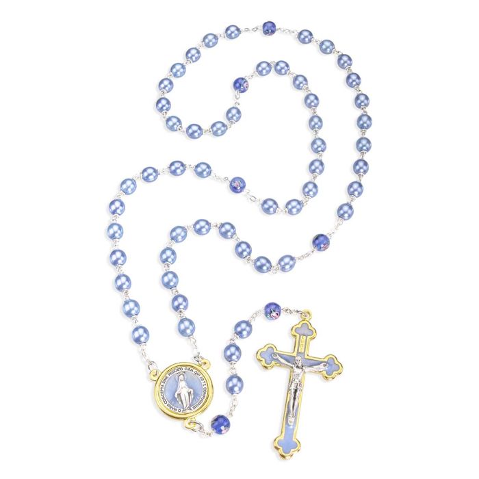 Light Blue Pearl Bead Rosary with Gold Rimmed Silver Ox Miraculous Medal Centerpiece and Gold Finished Latin Style Crucifix, Boxed