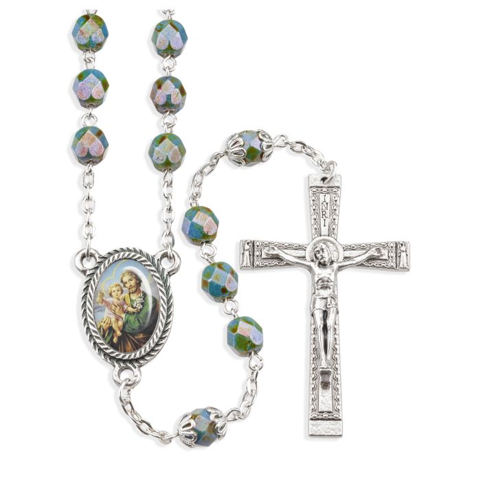 7mm St. Joseph Terror of Demons 7mm Light Teal Bead Rosary 22"