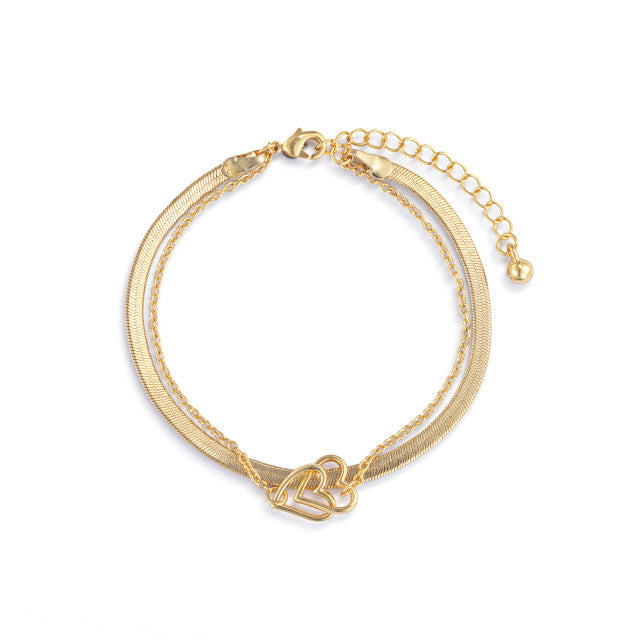 Layered Heart Gold Bracelet 6.5in