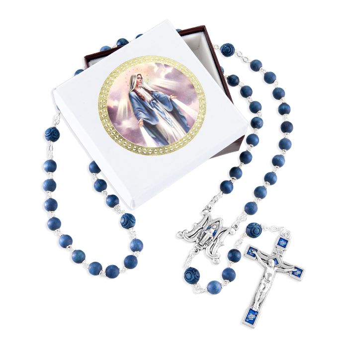 6mm Blue Wood beads Rosary with Blue Epoxied Miraculous Medal Center and Blue Epoxied Silver Oxidized Crucifix.