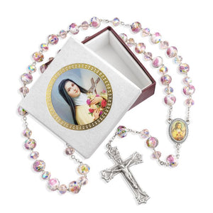 Saint Therese Floral Glass Bead Rosary, Boxed