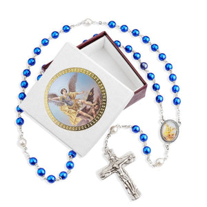 Blue Pearlized Glass Bead Saint Michael Rosary, Boxed