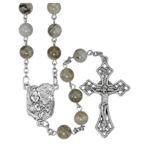 8mm Labradorite Stone Rosary with Holy Family Centerpiece and Crucifix in Grey Velvet Box