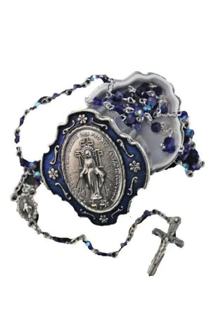 Miraculous Medal blue box and blue glass bead rosary