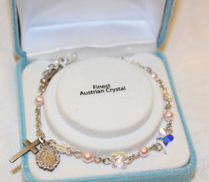 4mm Finest Crystal & Pink Pearl Butterfly Rosary Bracelet w/Silver Oxidized Medals