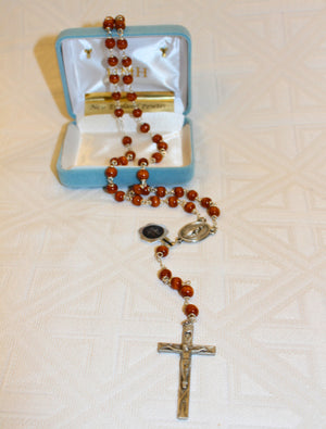 6mm Round Brown Boxwood Bead New England pewter rosary with center and crucifix