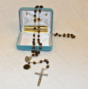 6mm Tiger Eye Bead New England pewter rosary with center and crucifix