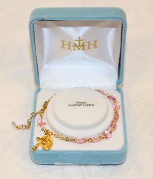 6mm Finest Light Rose Crystal Butterfly Plated Rosary Bracelet W/Silver Gold Plated Medals