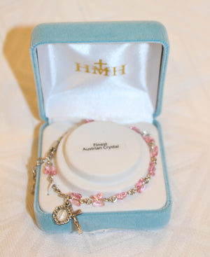 6mm Finest Light Rose Crystal Butterfly Plated Rosary Bracelet W/Silver Medals