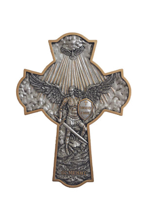 St. Michael Crucifixion Plaque in hand-painted pewter style finish with gold trim