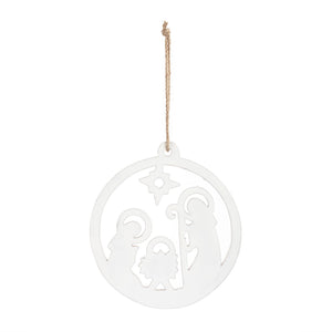 White Enamel Wood Nativity Round Ornament