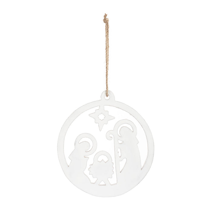 White Enamel Wood Nativity Round Ornament