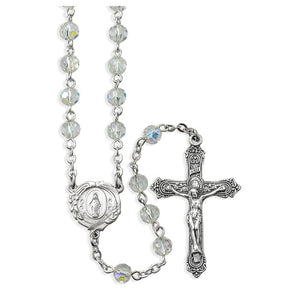 6mm Crystal Aurora Borealis Bead Rosary with a Deluxe Center and Crucifix Boxed