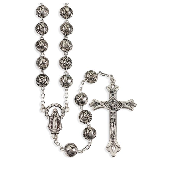 6mm Silver Rosebud Rosary 18"