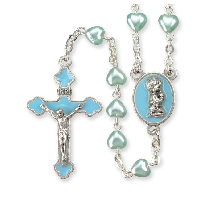 Blue Heart Shaped Bead Rosary with a Blue Enameled Boy Center