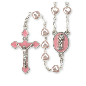 Pink Heart Shaped Bead Rosary with a Pink Enameled Girl Center