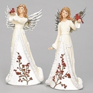 ANGEL WITH CARDINALS FIGURE - HOLLY AND SNOWFLAKE ON DRESS