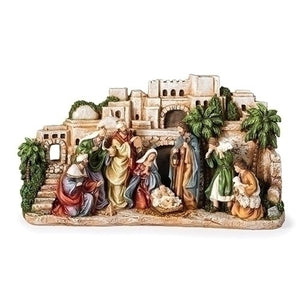 8"H Town Scene W/Nativity in Forground, 14"W