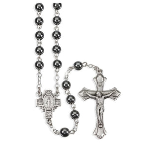 6mm Hematite Bead Rosary with Deluxe Silver Plated Centerpiece and Crucifix in a Grey Velvet Box 19 1/4"