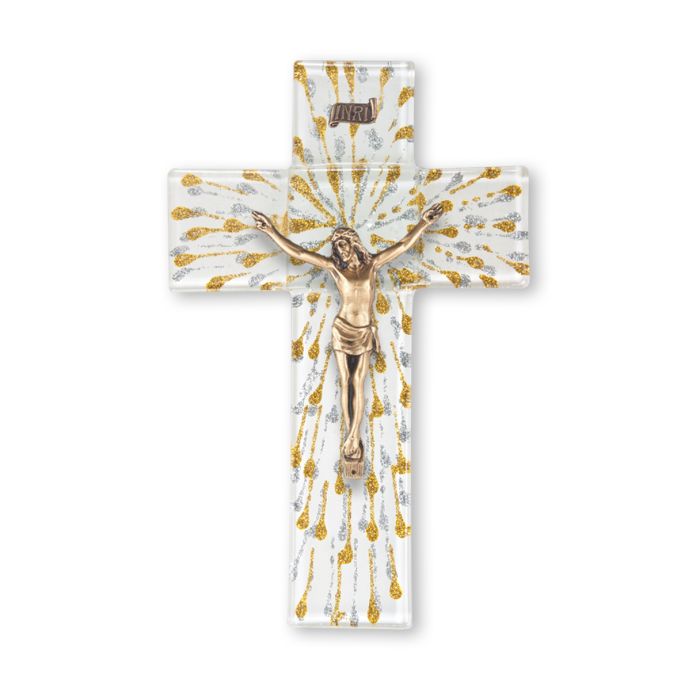 10" Gold & Silver On White Glass Cross With Gold Corpus