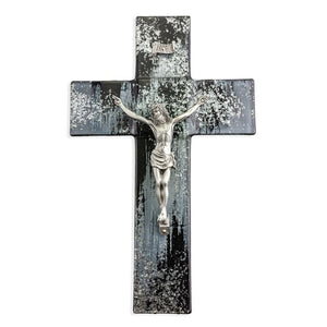 10" Black & Silver Shimmering Silver Glass Crucifix