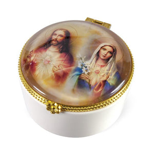 Porcelain Rosary Box With The Sacred Hearts Glass Cover