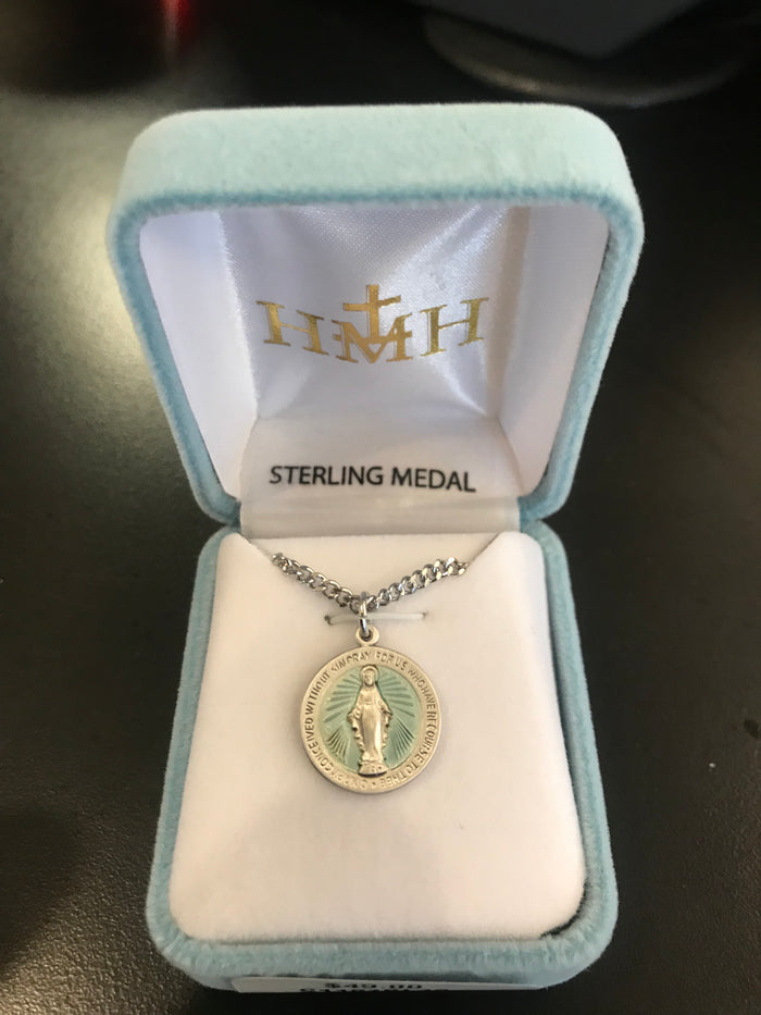 Sterling Silver Round Blue Miraculous Medal