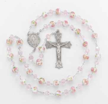 White and Pink Glass Flower Bead New England Pewter Rosary