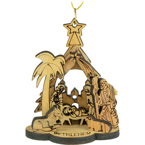 Olive Wood Star & Shepherds Nativity Ornament